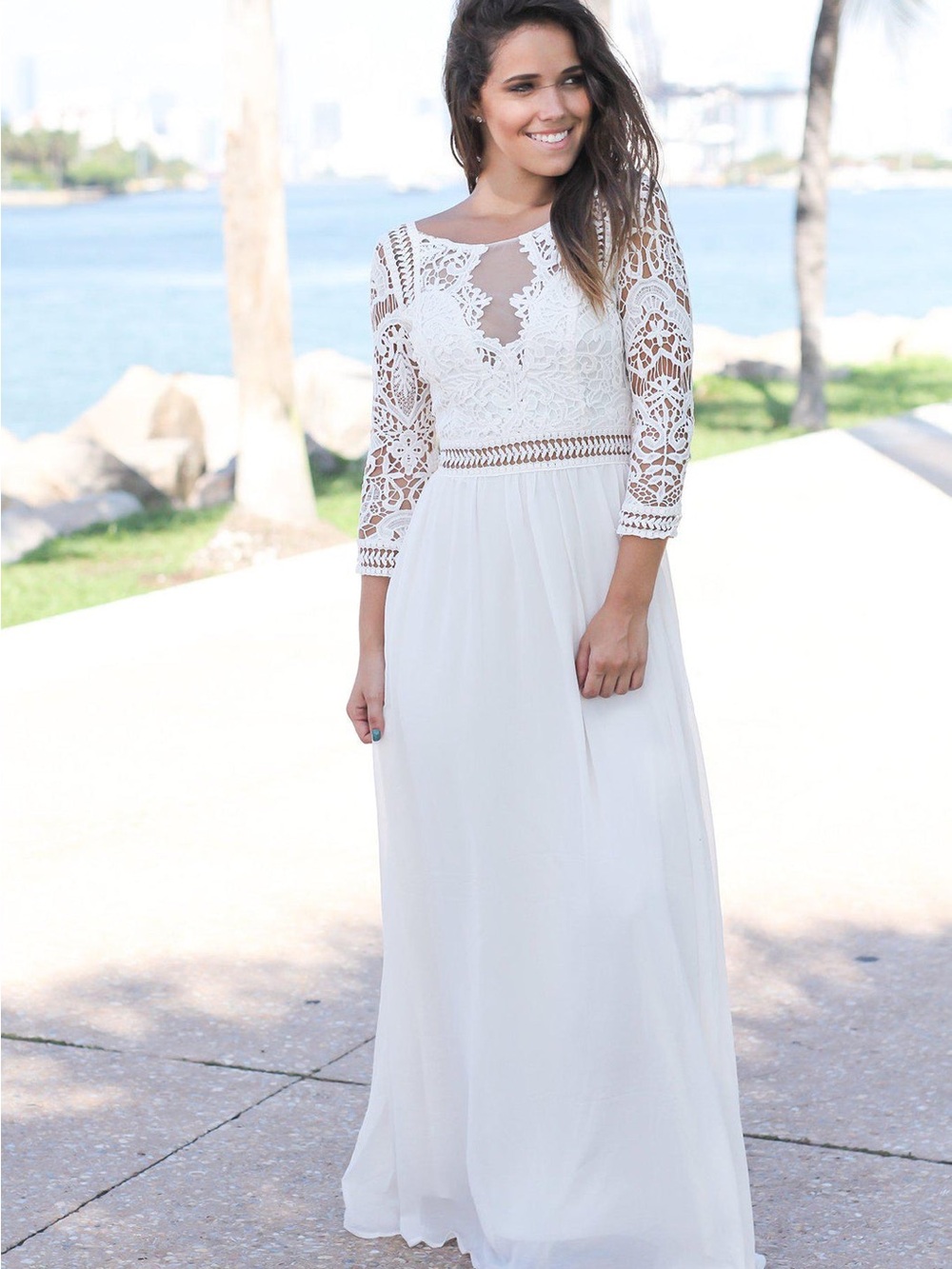 Ivory Lace Bodice Maxi Dress with Crochet Sleeves